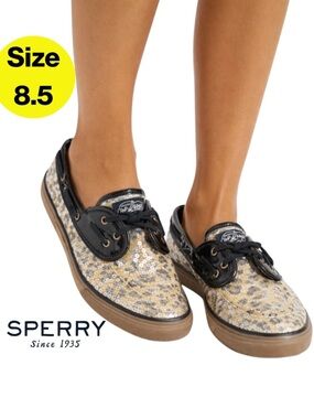 SPERRY 🐆 Leopard Print Sequins Boat Shoes, Black Patent Trim (Women’s 8.5)